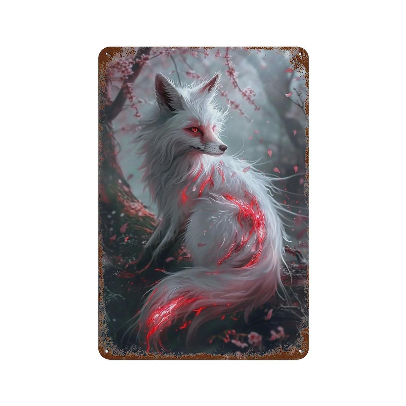 HDURYEYRYY Oriental Fantasy Glowing Red Stream White Nine Tailed Fox 04 Wall Retro Iron Vintage Art Metal Tin Sign Poster Modern Home Cofffee Club Art Bar Shop Decor Style 30x20cm