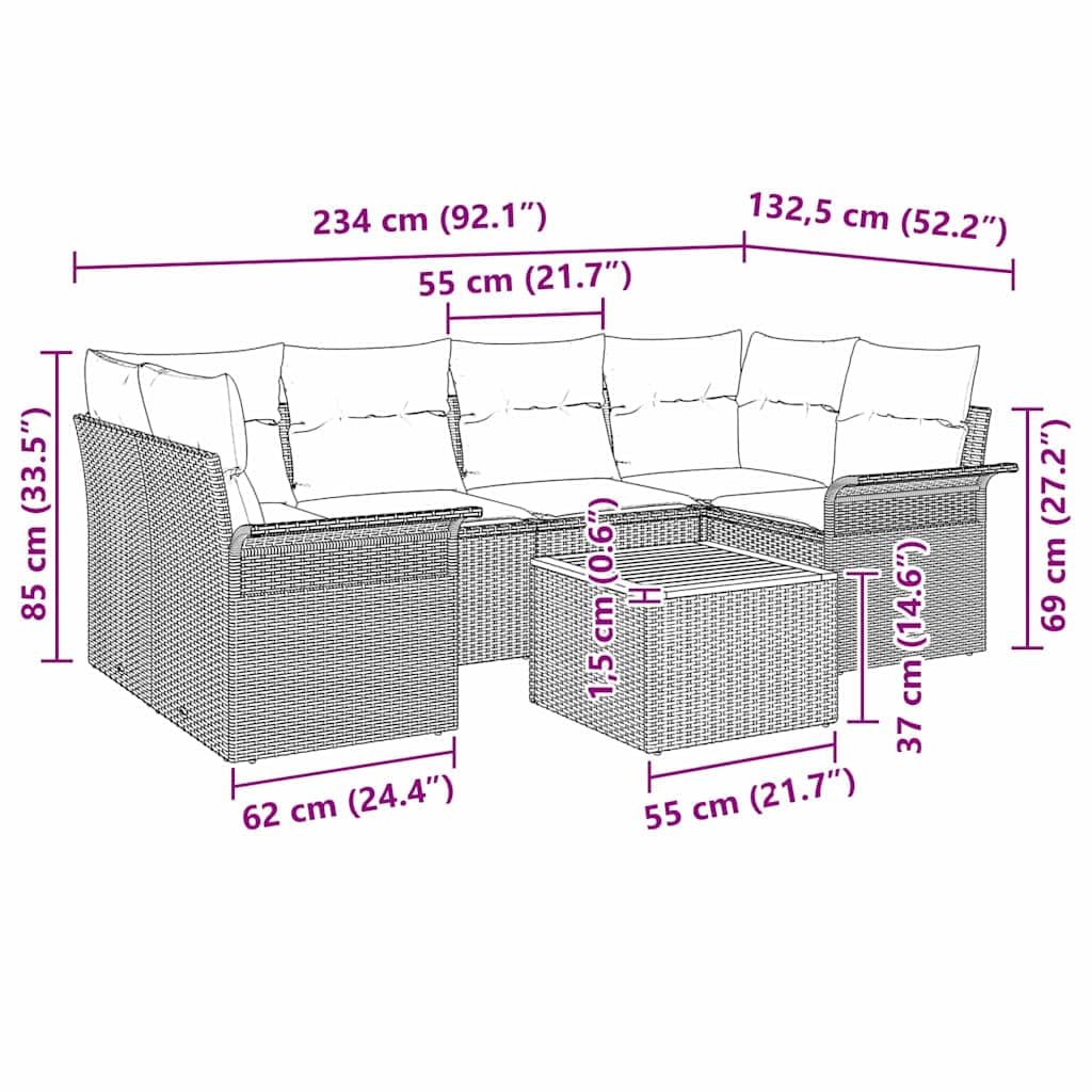 Sofa ogrodowa z poduszkami, miejsce do przechowywania, 7-częściowy, beżowy/kremowy, polirattan, drewno akacjowe, odporne na działanie promieni UV