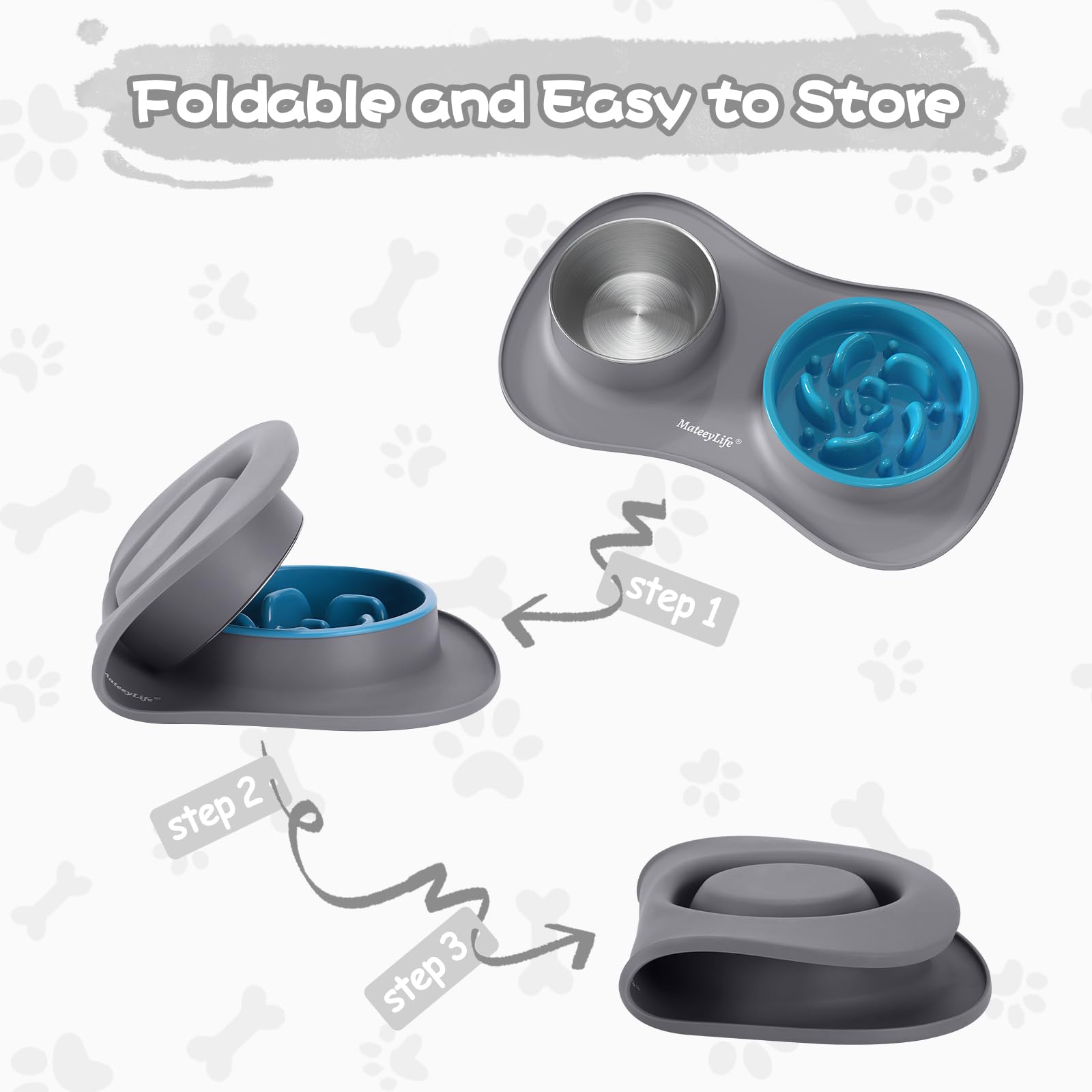 MateeyLife Ciotola Anti Ingozzamento e Ciotola per Cani 3 in 1, Set per Cani e Gatti in Acciaio Inossidabile con Tappetino in Silicone, Ciotola Lenta per Razze Piccole, Medie e Grandi