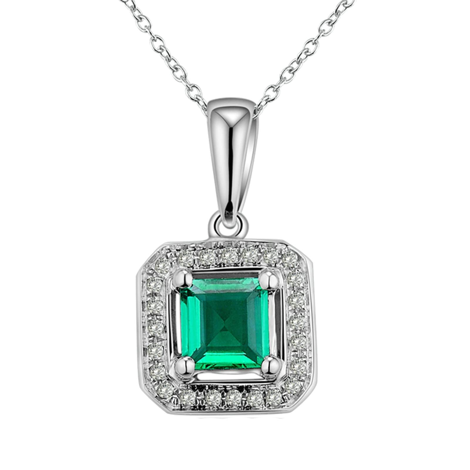 Echtgold Kette mit Anhänger, Halskette Anhänger Gold 14 Karat Quadrat Form mit Diamant und Smaragd 0.52ct Halskette