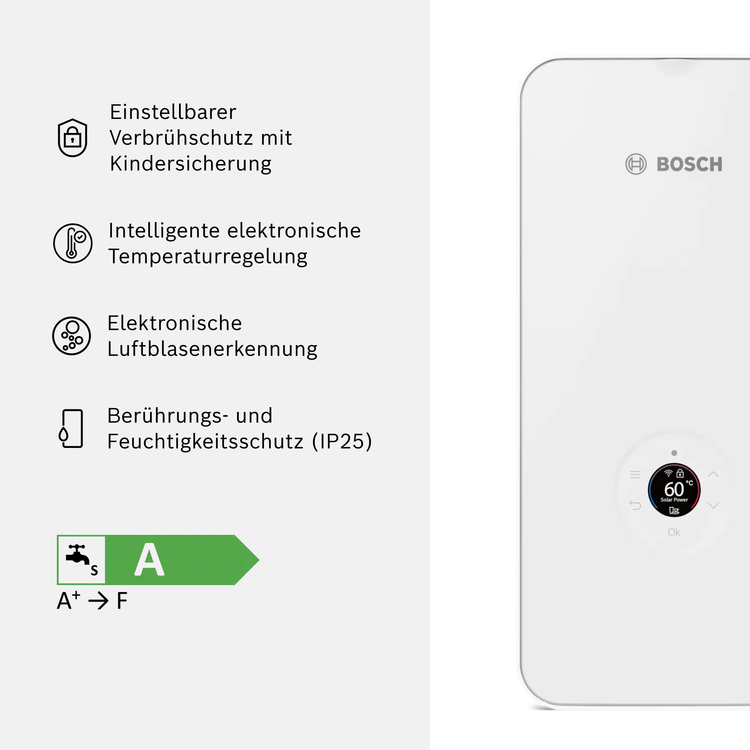 Bosch elektronisch geregelter Durchlauferhitzer Tronic Excellence 21/24 / 27 kW - ab Werk internetfähig, solarfähig, druckfest, multifunktionales LED-Farbdisplay [Energieklasse A]