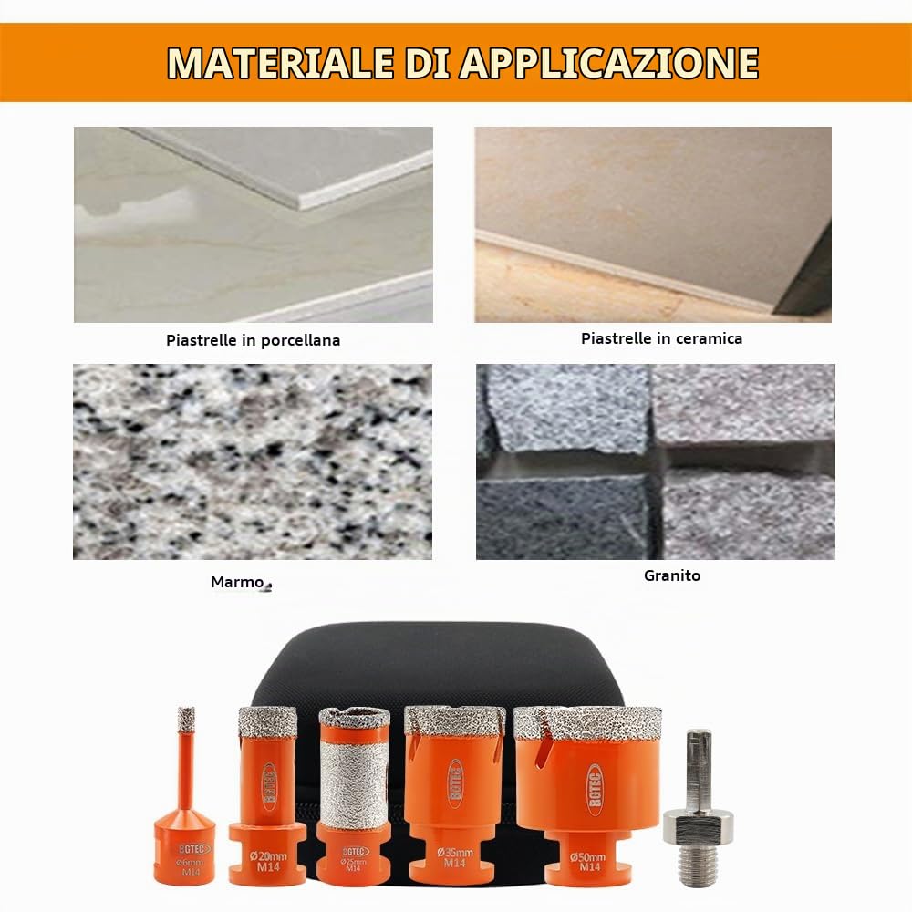 BGTEC Set di Punte Diamantate per Piastrelle – 5 pezzi (6/6/20/35mm + Broca de Chaflán 50mm) per foratura di Porcellana, Ceramica, Piastrelle, Granito, Marmo e Pietra