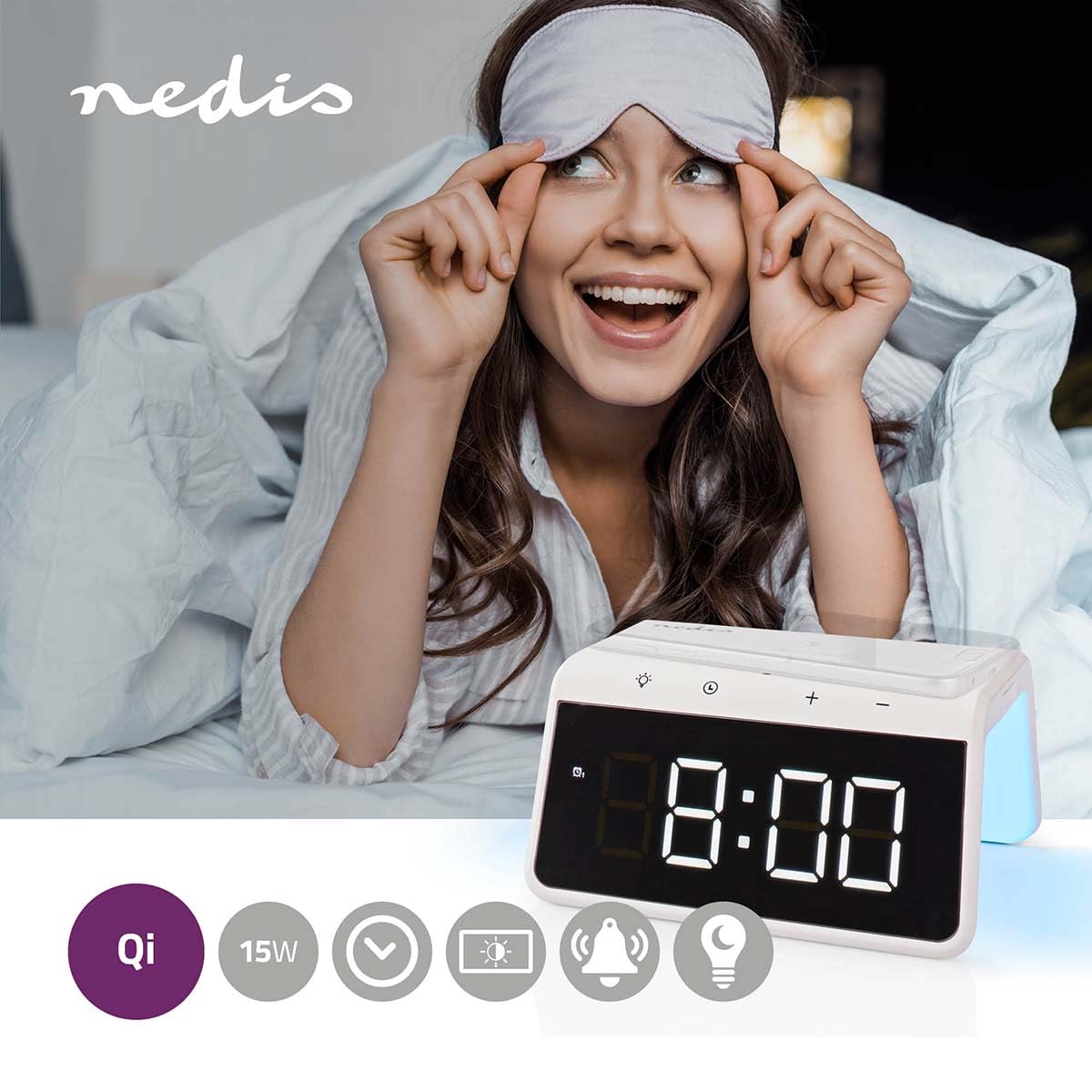 NEDIS Réveil sans Fil - Certifié Qi - 5/7,5/10/15 W - Prise USB-A - Veilleuse - 2 Temps d'alarme - Fonction Snooze
