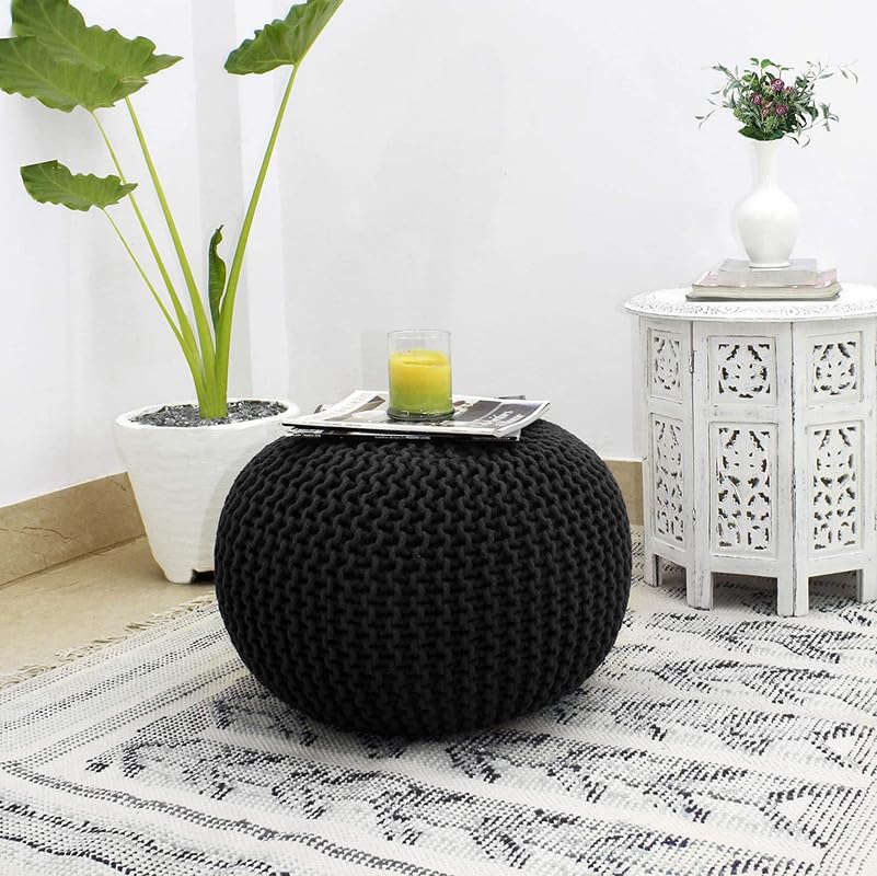 safunooza Designs Hand Knitted Heavy Cotton Rope Beans Filled Round Oval Pouf Pouffe Pack of 01 - Designed for Living Room Sitting, Foot Rest, Stool in 1