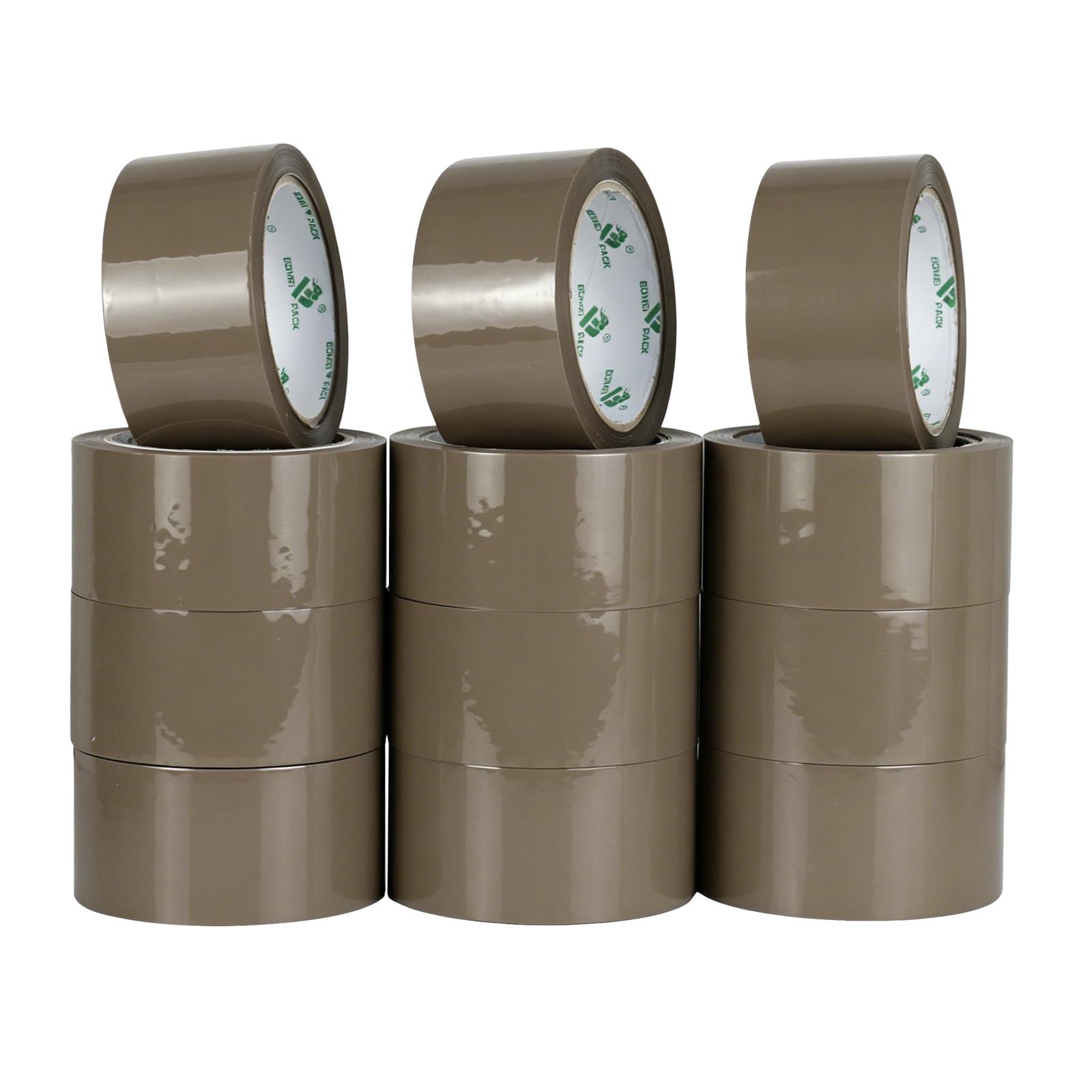 BOMEI PACK Nastro da imballaggio marrone, 12 ricariche, 2,4 mm x 5 cm x 50 m, nastro resistente per imballaggio, con 1 dispenser per sigillare, spedire, spostare e riporre