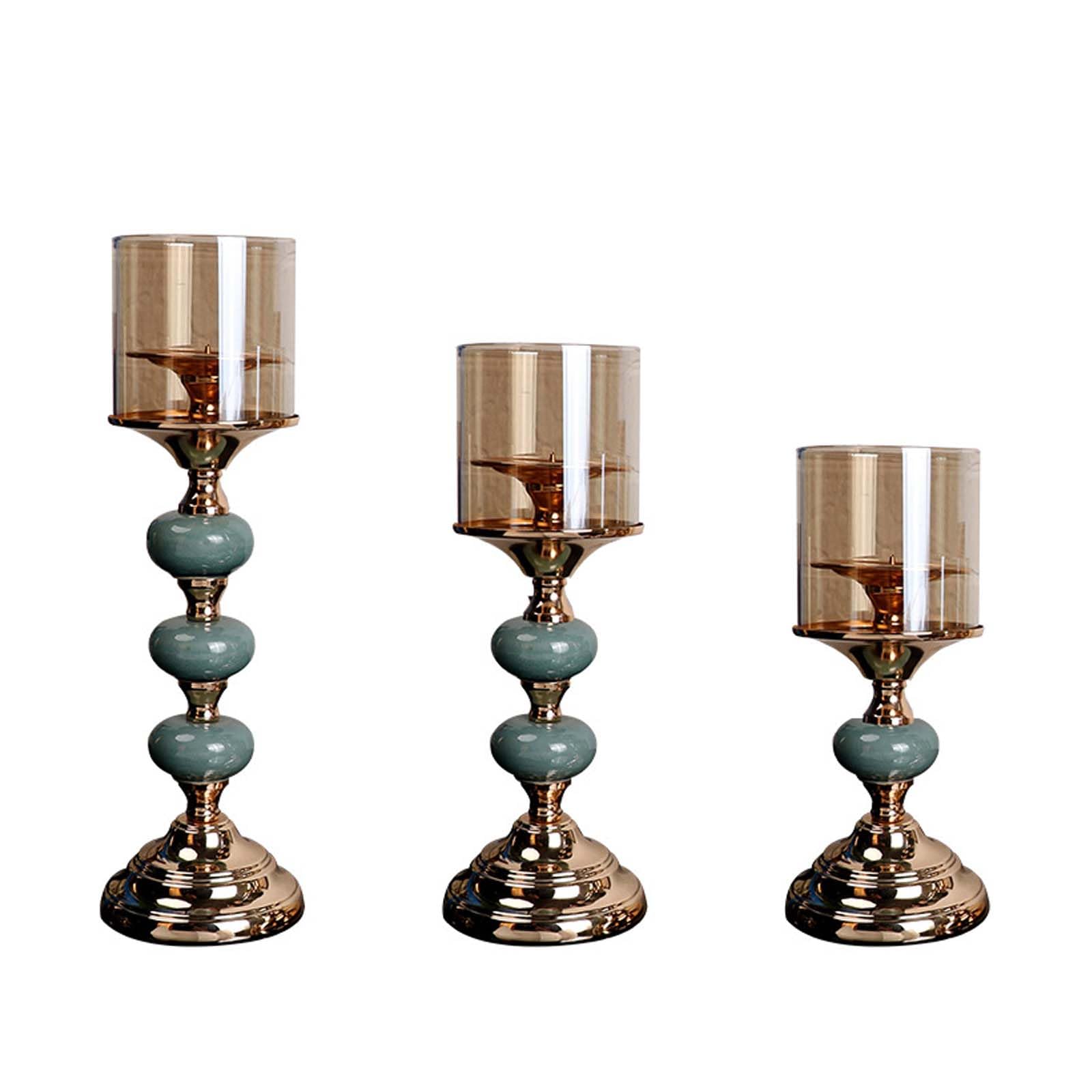 Bougeoirs verts et dorés lot de 3 décoration table centrale mariage salon en verre