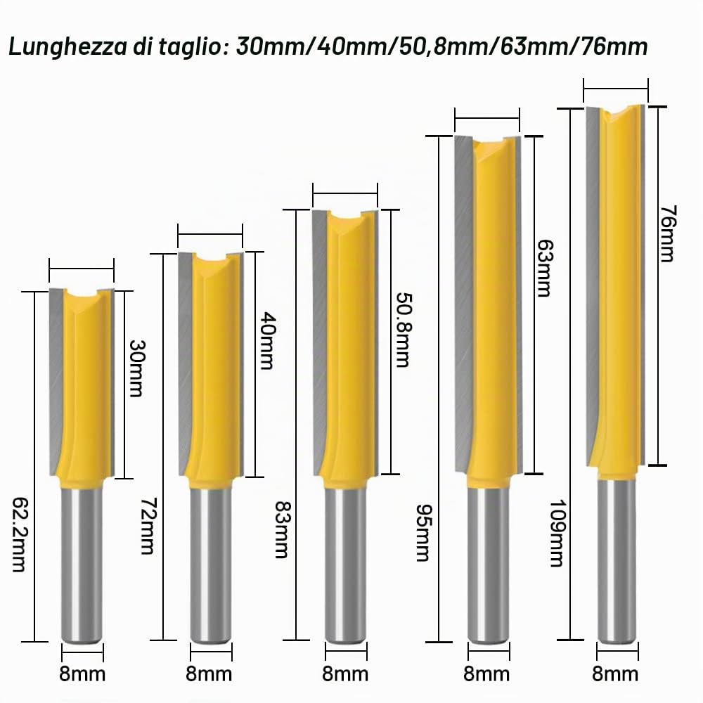 ASNOMY 5Pcs 8 mm Gambo Fresa a Taglienti Diritti, Extra Lungo Rettilineo Router Fresa Lavorazione Legno, Fresa per Scanalature Legno, Punta da Fresatrice Dritta - 30mm/40mm/50mm/63mm 76mm