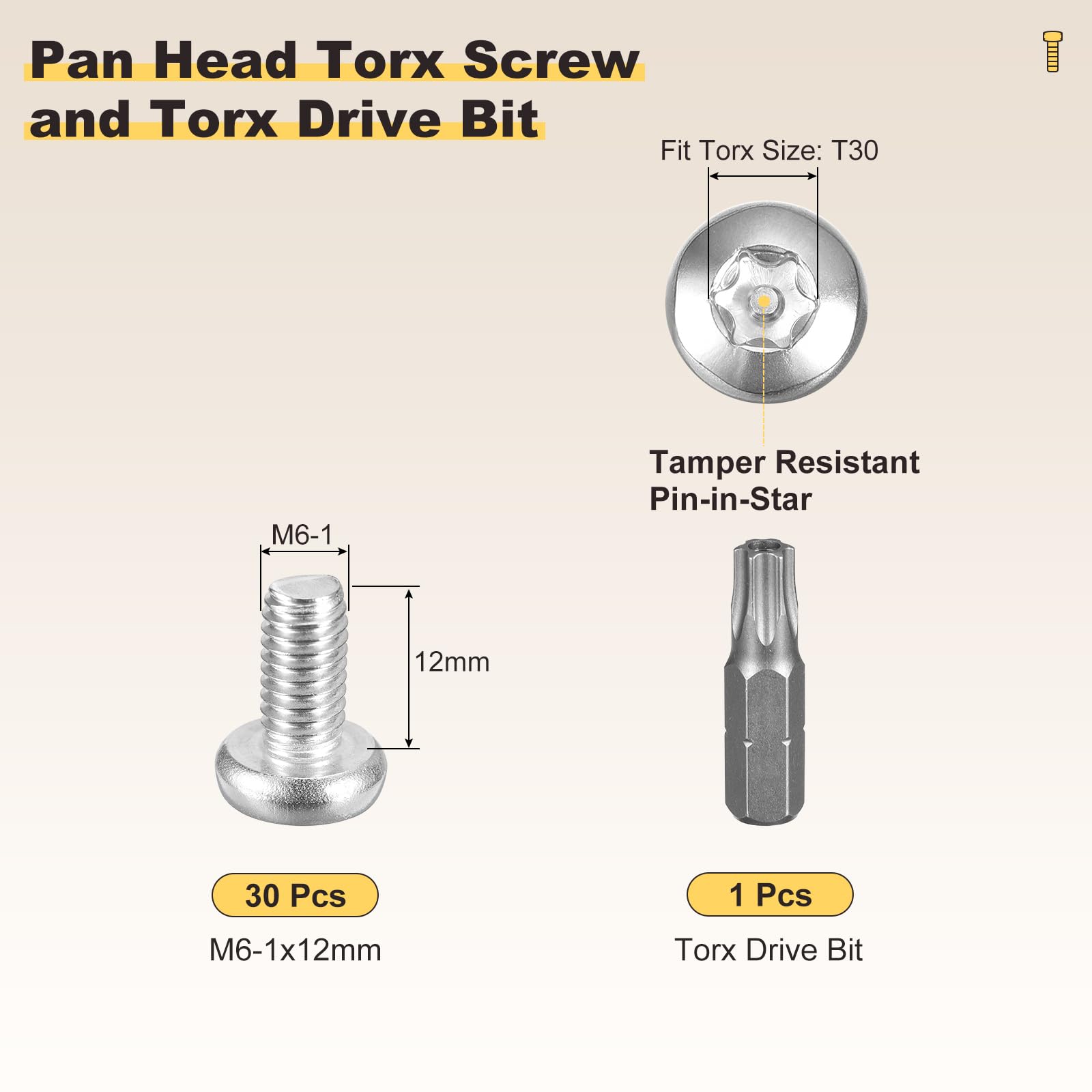 METALLIXITY Pan Head Torx Security Screw Bolts (M6-1x12mm) 30pcs - Image 2
