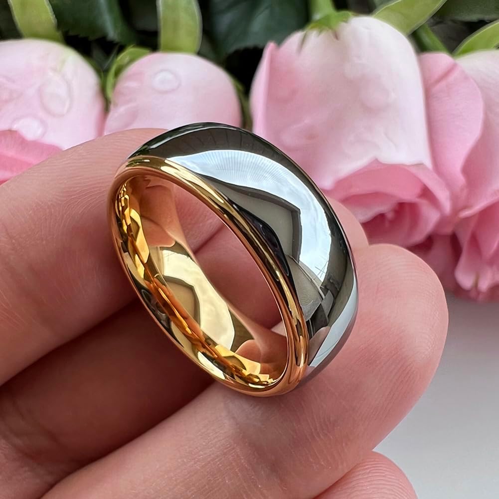 TUTISS 6mm 8mm Gold Tungsten Rings for Men Women Couple Fashion Jewelry Engagement Wedding Bands Domed Stepped Edges Polished Shiny Comfort Fit