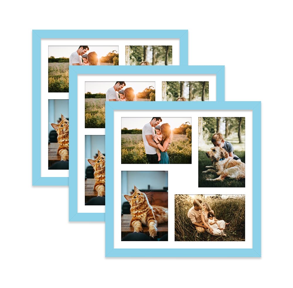 Light Blue Multi Photo Frame - Holds 4 x 6x4 Pictures, Family Collage Picture Frame for Wall Display, 12x12 Frame size, Set of 3