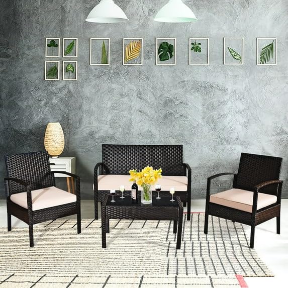 Image of PRATHAM India Outdoor Indoor 4 Piece Patio Furniture Sofa Set Conversation Set Waterproof with Washable Soft Cushion and Center Table Wicker for Balcony and Gardens