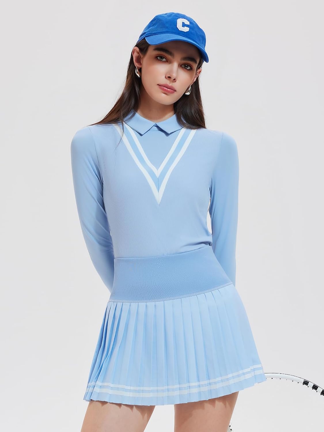 Women's 2 Piece Tennis Skirt Set Long Sleeve, Preppy Polo Top & Pleated Skorts, Fall Winter Athletic Outfits for Pickleball