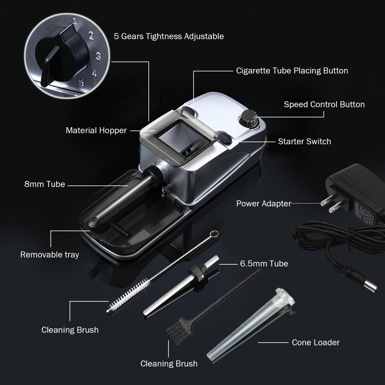 Macchina elettrica per rollare sigarette, macchina per rollare i coni, macchina automatica per rollare il tabacco, 3 in 1 per sigarette King/dimensioni regolari 6,5 mm e 8 mm tubo e coni