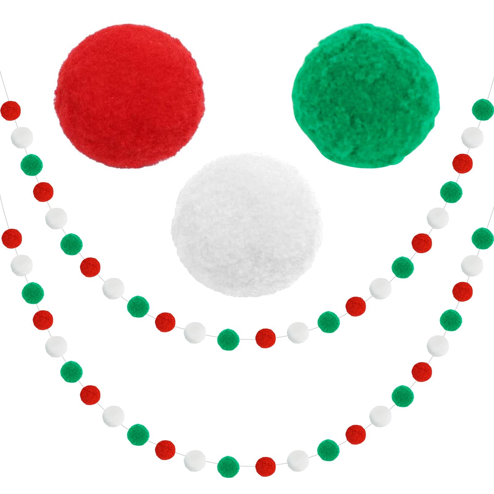 Vuzvuv2 Pieces 6 Red Green White 1.6" Large Pom Pom Ball Garlands,6.6 Ft Long 20 Pompom Balls Garland for Wall,Home,School,Classroom,Christmas Tree Decoration and Party Decor