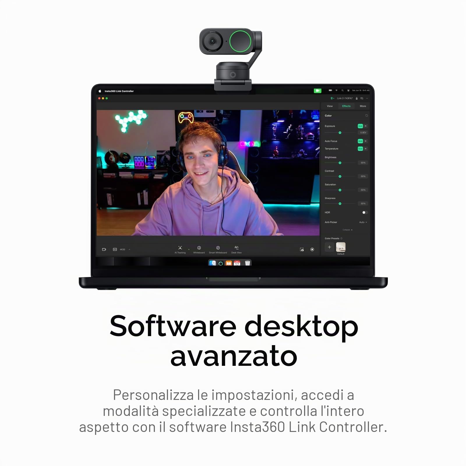 Insta360 Link 2 Standard Bundle - Webcam 4K per PC/Mac, sensore 1/2", monitoraggio IA, HDR, microfono AI senza rumore, controllo gestuale per streaming e videochiamate, compatibile