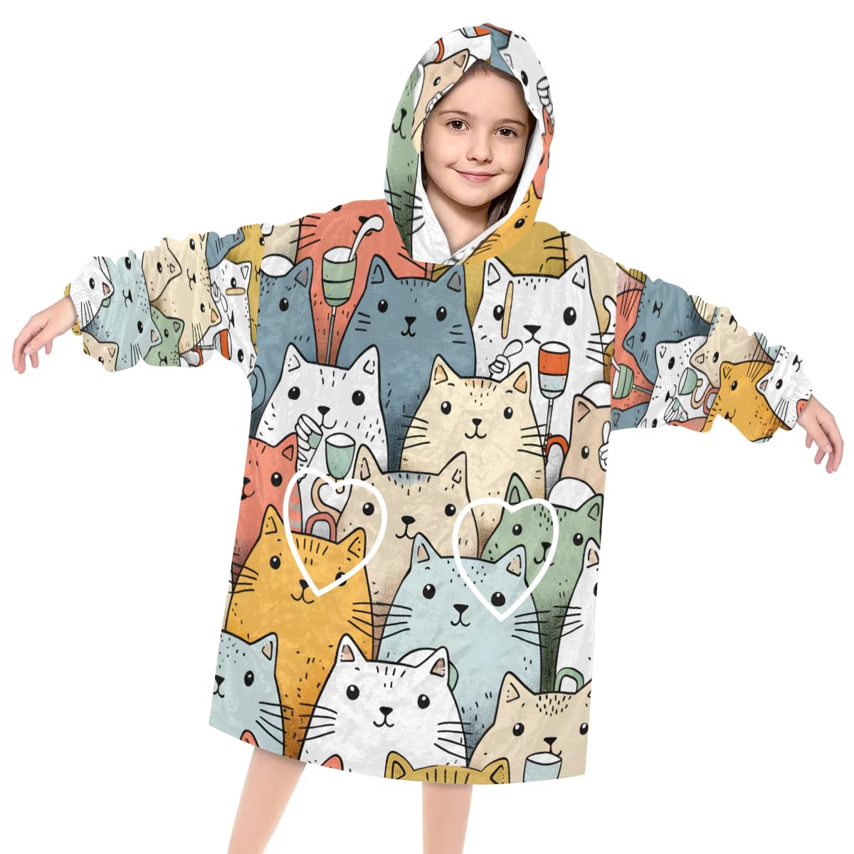 Wearable Blanket Hoodie for Kids, small cat Fleece Sweatshirt Blanket Oversized Blanket Sweatshirt with Pocket Flannel Warm Hooded Blanket 6-10 Year Old Girl Boy Gift, One Size