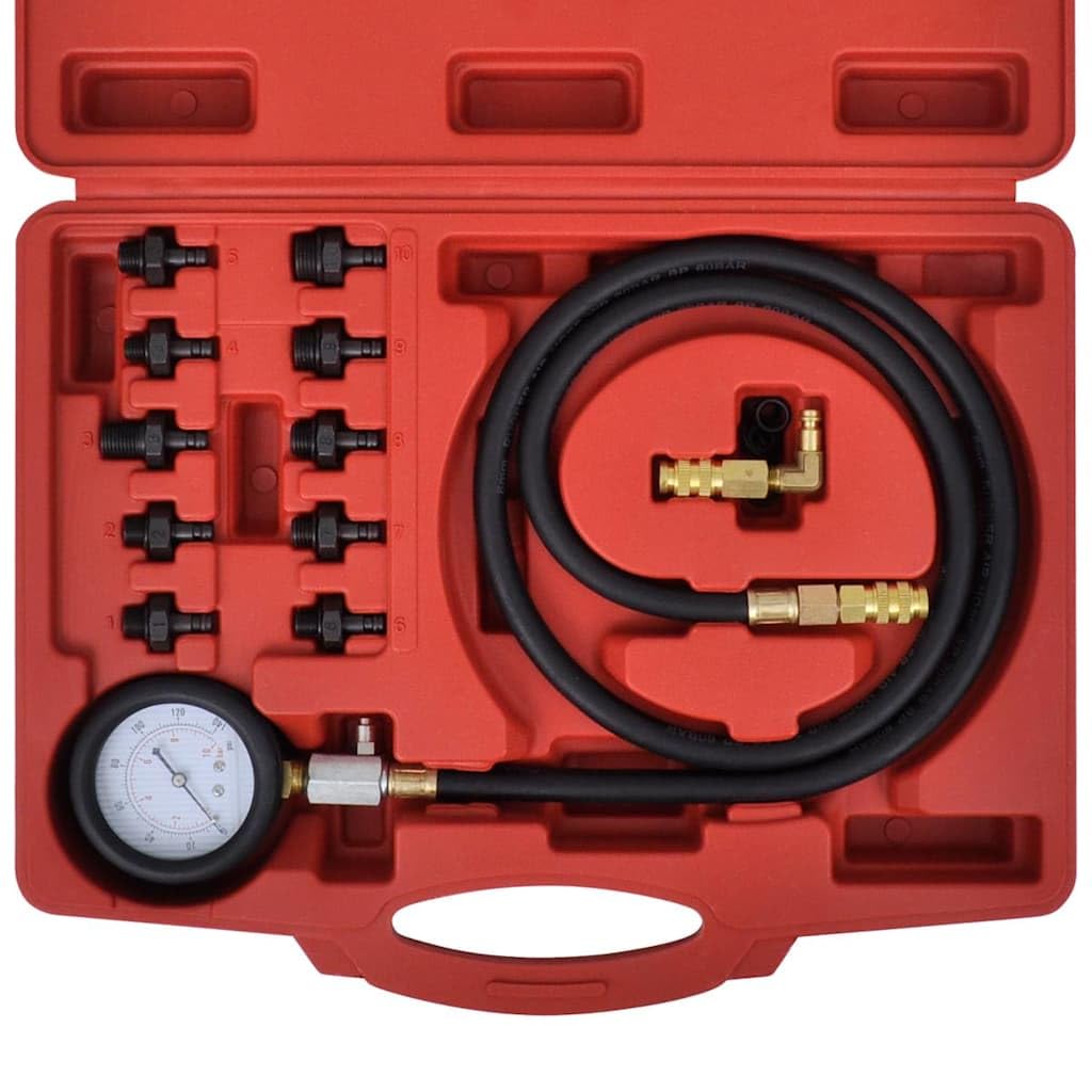 Kit de prueba de presión de aceite y motor con manómetro de doble escala de 80 mm, manguera de 1200 mm, 10 adaptadores, acoplamiento rápido y maletín de transporte para coche, moto, taller