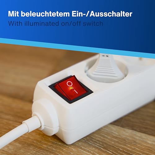 REV Steckdosenleiste - Mehrfachsteckdose 3-Fach mit beleuchtetem Schalter zum Stromsparen, Kabel 1,4m, 3500W, weiß