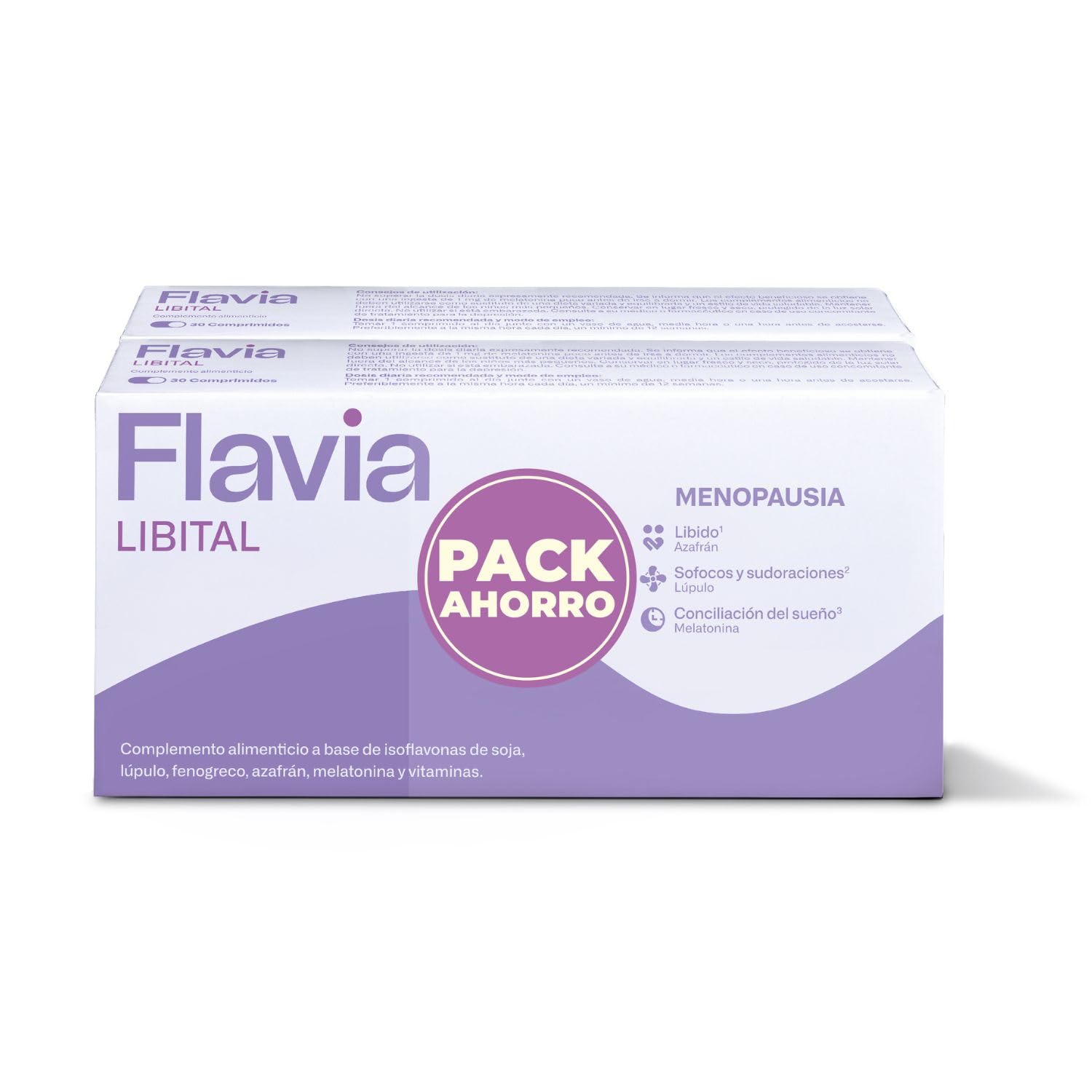 FLAVIA Libital Pack 2 x 30 Comprimidos - Alivia los Síntomas de la Menopausia - Con Isoflavonas de Soja y Vitaminas - Estimula la Líbido, Regula Sofocos y Sudoraciones - Complemento Alimenticio