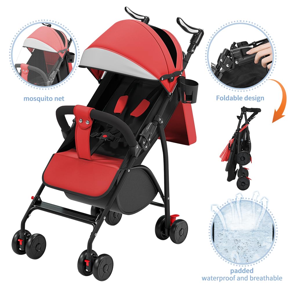 Poussette canne compacte, avec position allongée, de la naissance à 4 ans (Jusqu’à 25 kg), Assis ou couché, Poignée réglable, Landau à 4 roues avec tapis en coton + moustiquaire - 47*72*97CM - Rouge