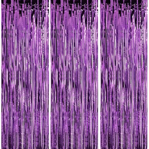 Image of Crosize 5 Pack 3.3 x 9.9 ft Purple Foil Fringe Curtains Party Decorations, Purple Tinsel Curtain Backdrop for Parties, Door Streamers, Glitter Streamer Backdrop for Birthday Decoration