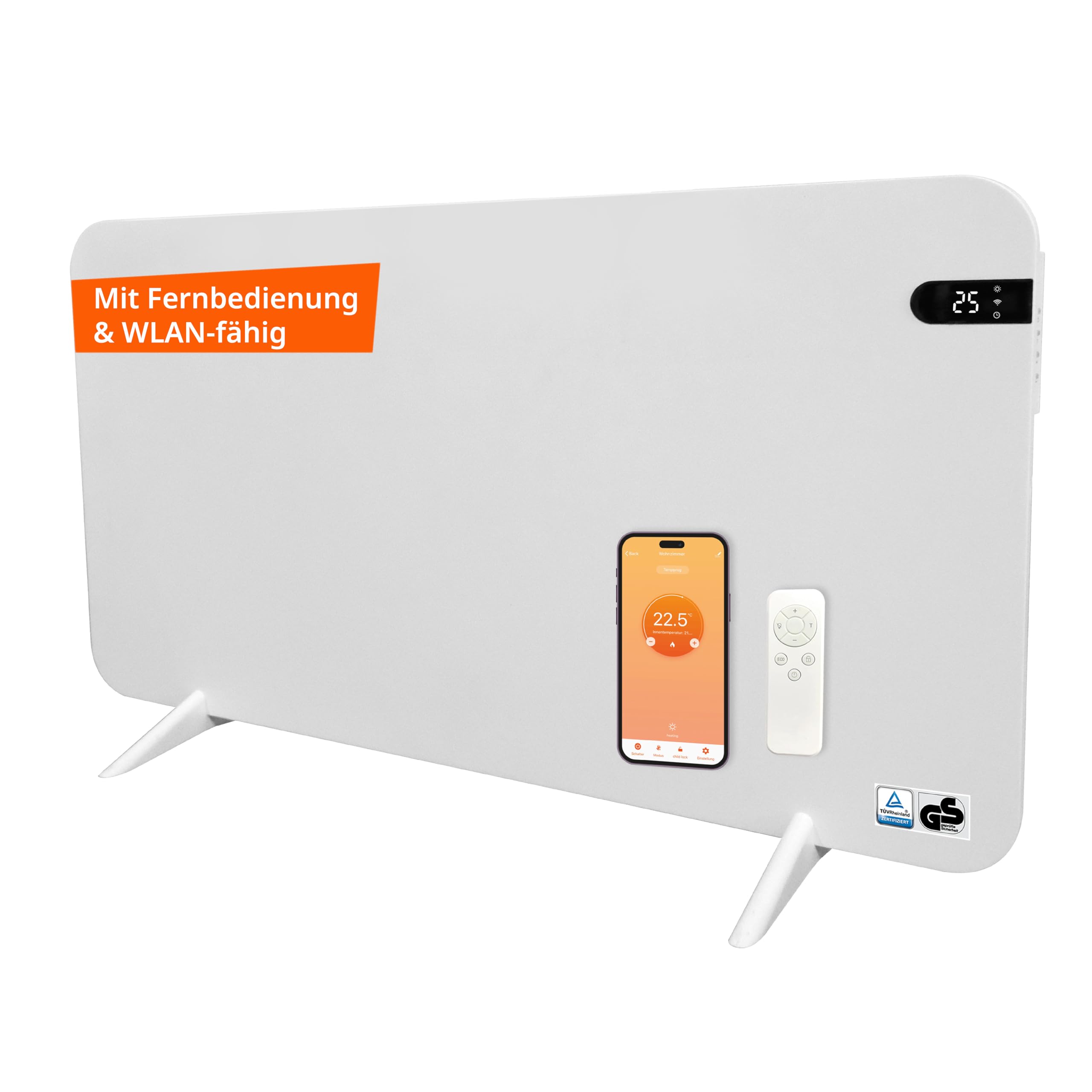 Könighaus Smart Dual-Infrarotheizung V2 600 W - Weiß | WLAN App, Fernbedienung, Standgerät & Wandmontage, Handtuchhalter, Standfüße, Befestigung