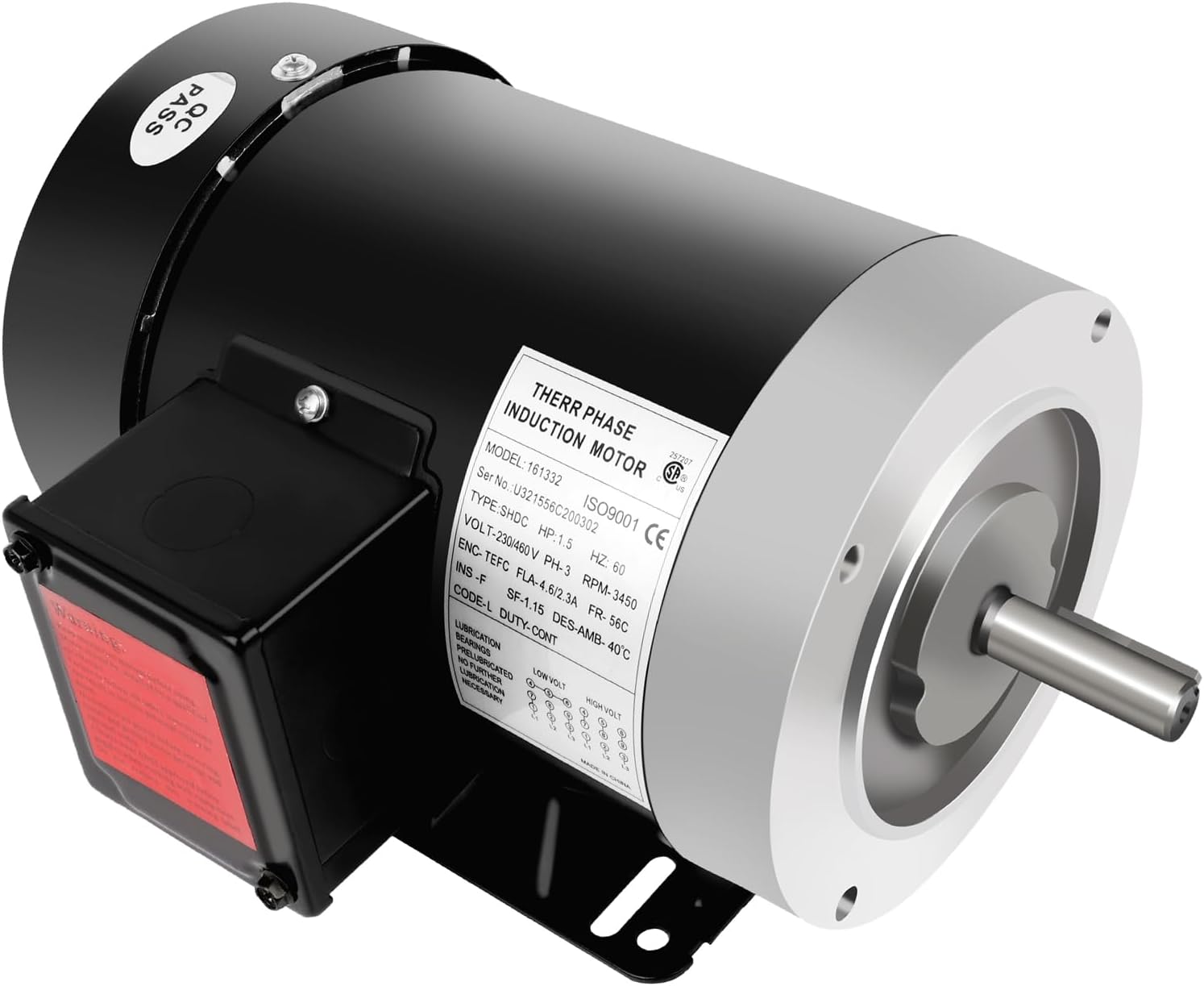 Electric Motor 1.5HP, 3450RPM General Purpose Motor, Three Phase Motor 56C TEFC 5/8" Shaft Diameter 2 Pole 60HZ 230/460V