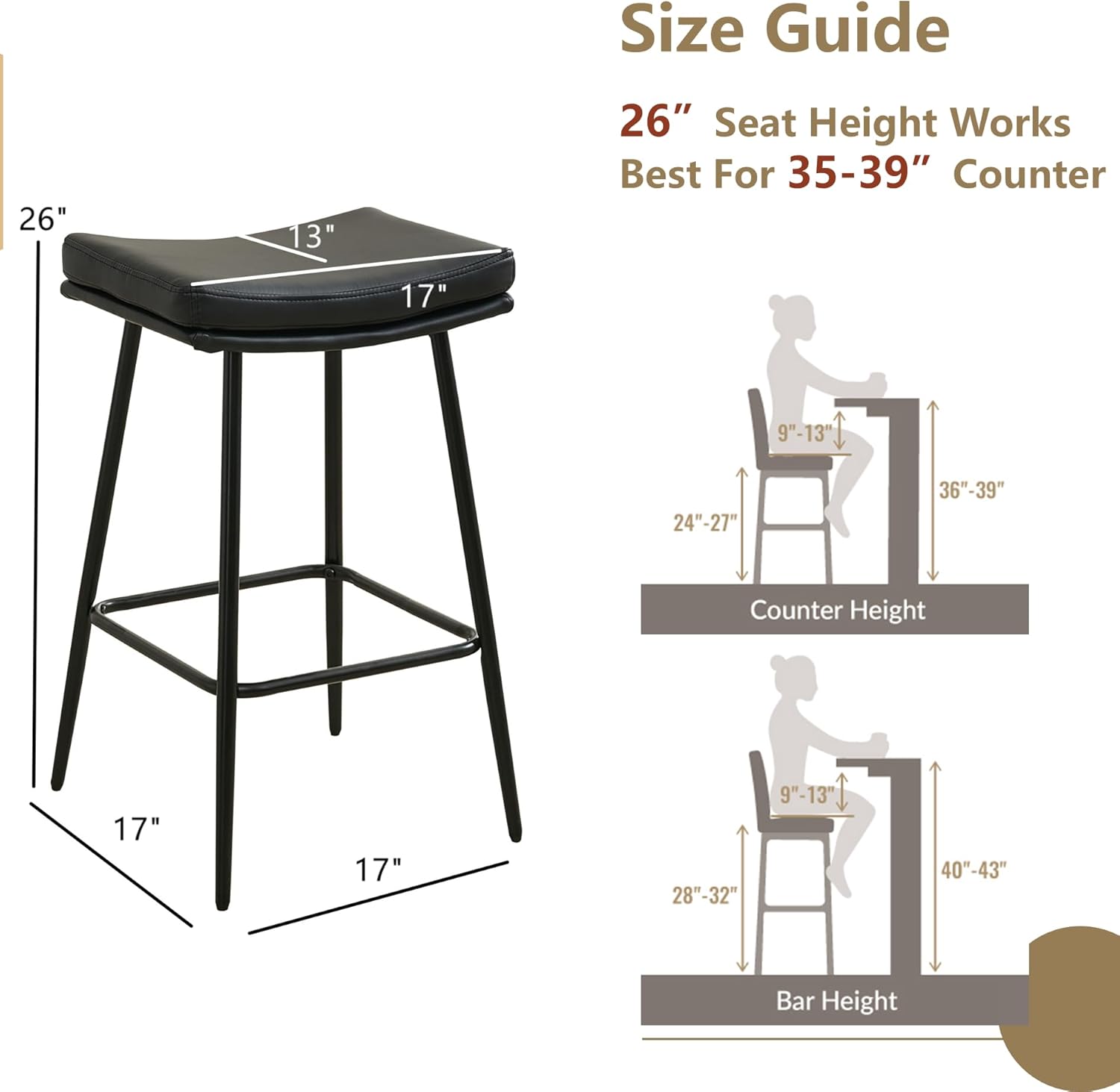 26 inch Counter Height Black Leather Bar Stools Set of 4, Backless Saddle Bar Stools for Kitchen Counter and Dining Room, Modern Kitchen Stools with Double Layered Cushion and Metal Legs