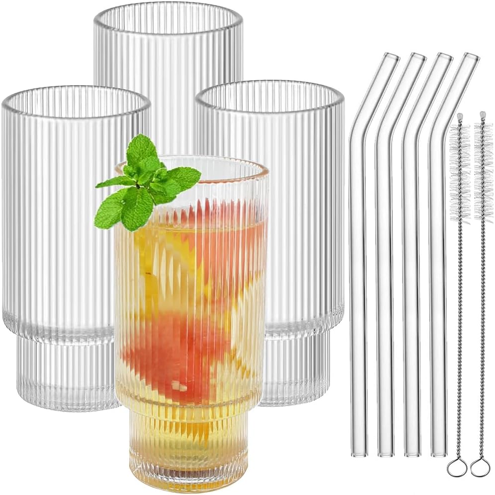 Trusmuu Ribbed Glasses with Glass Straws,Glasses Drinking,4pcs Drinking