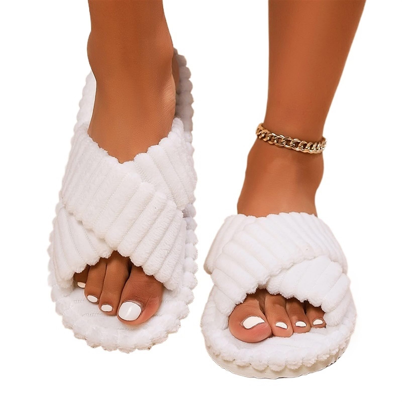 Ciabatte Donna Invernali Pantofole da casa con fascia incrociata in velluto a coste da donna, autunno inverno, calde e morbide, da donna, da camera da letto, in cotone con suola morbida(White,42-43)