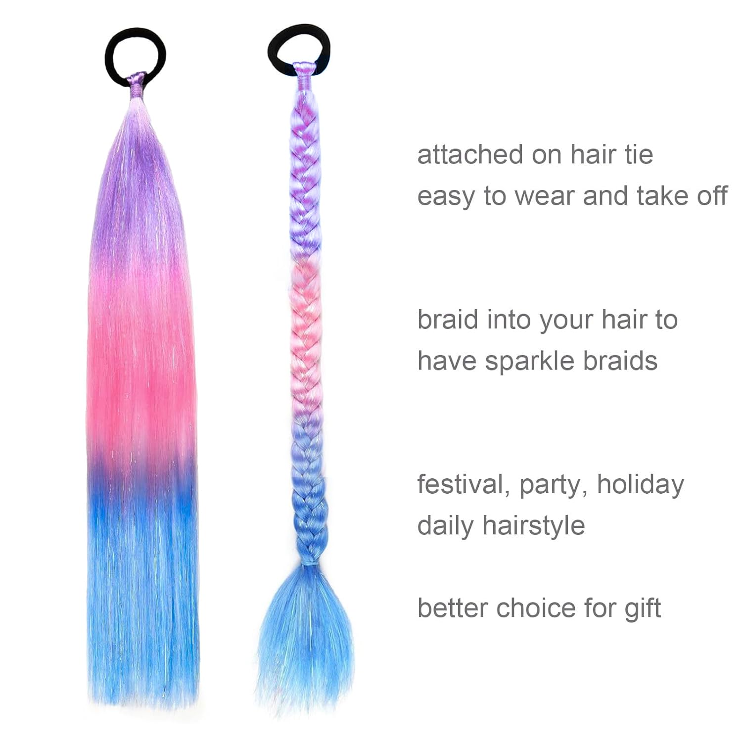 PORSMEER 3 Pack 24 Inch Hair Tinsel Colored Braided Ponytail Extension Gradient Hair Extensions with Elastic Tie Straight Sleek Wrap Around Hair for Braids (Light purple/Pink/Blue) - Image 3