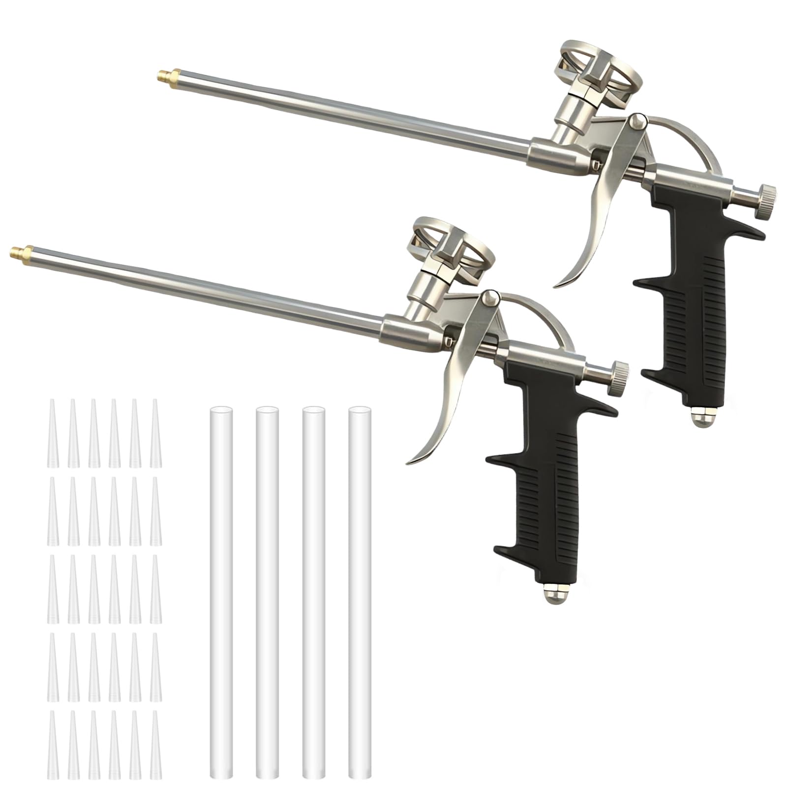 BORISCA 2 Pcs Extended Spray Foam Insulation Gun with 30 Nozzles & 4 Long Pipes, Foam Dispensing Guns, Spray Foam Gun for Caulking, Filling, Sealing