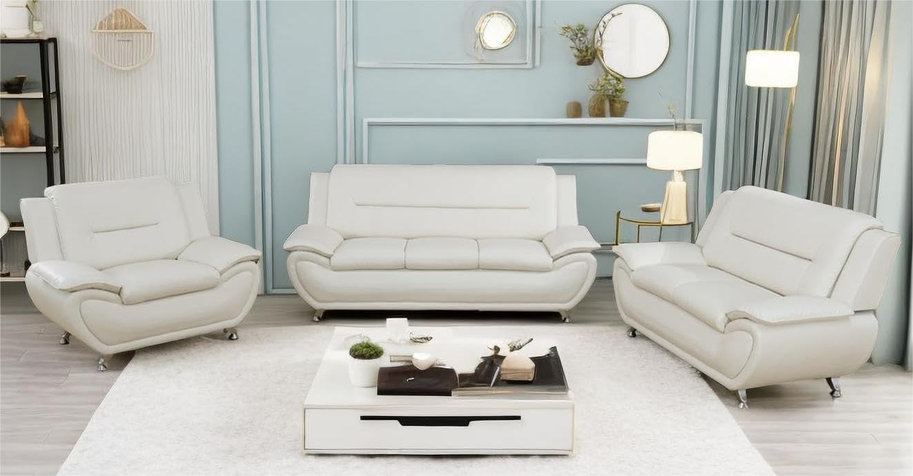 Creamy White Leather Couches for Living Room, Living Room Furniture Sets, Sofa and Loveseat Set, Sofa Couch Set for Bedroom, Office (b-Creamy White, Sofa+Loveseat+Chair)
