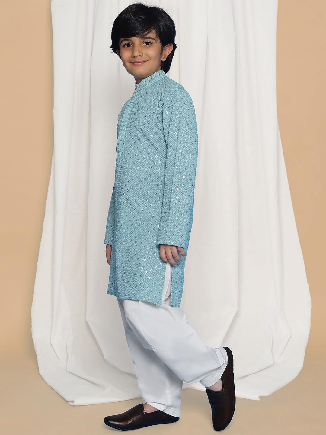 AJ DEZINES Kids Boys Ethnic Kurta Pajama Set | Cotton Full Sleeve Chikankari Kurta with Sequins | Traditional & Festive Outfit | Mandarin Collar, Regular Fit | Special Occasion Outfit | POWDERBLUE-11 - Image 5 thumbnail