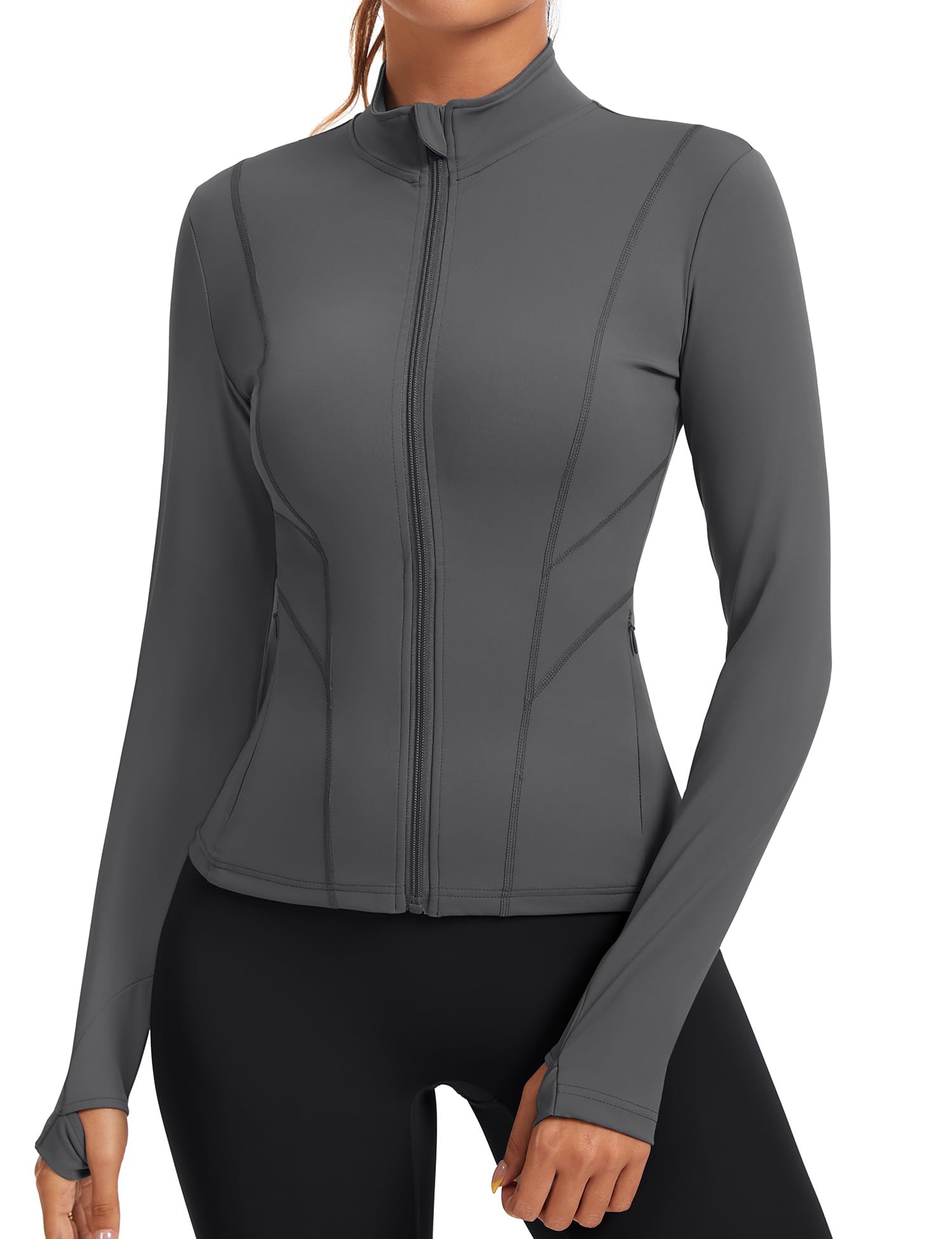 Rapbin Damen Laufjacke Sport Oberteil Sportjacke Langarm Gym Tops Atmungsaktive Leichte Trainingsjacke für Yoga Gym Fitness Mit Daumenloch und Seitlichem Reißverschluss