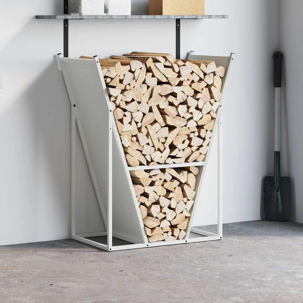 Regał na drewno opałowe, biały, 69,5 x 35 x 81 cm, stal walcowana na zimno, stojak na drewno kominkowe, stojak na drewno kominkowe, do kominka, ogrodu i salonu, oszczędność miejsca