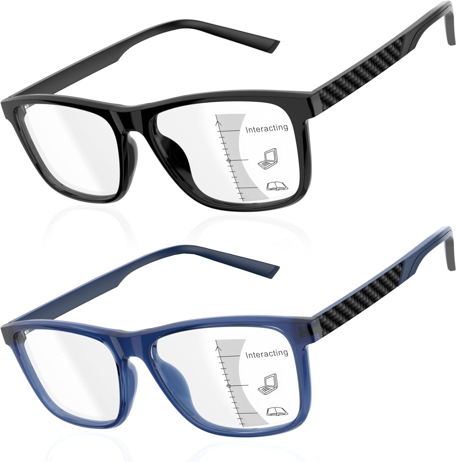 2 Pack Progressive Multifocus Reading Glasses Men TR90 Frame Lightweight Trifocal Transition Computer Readers