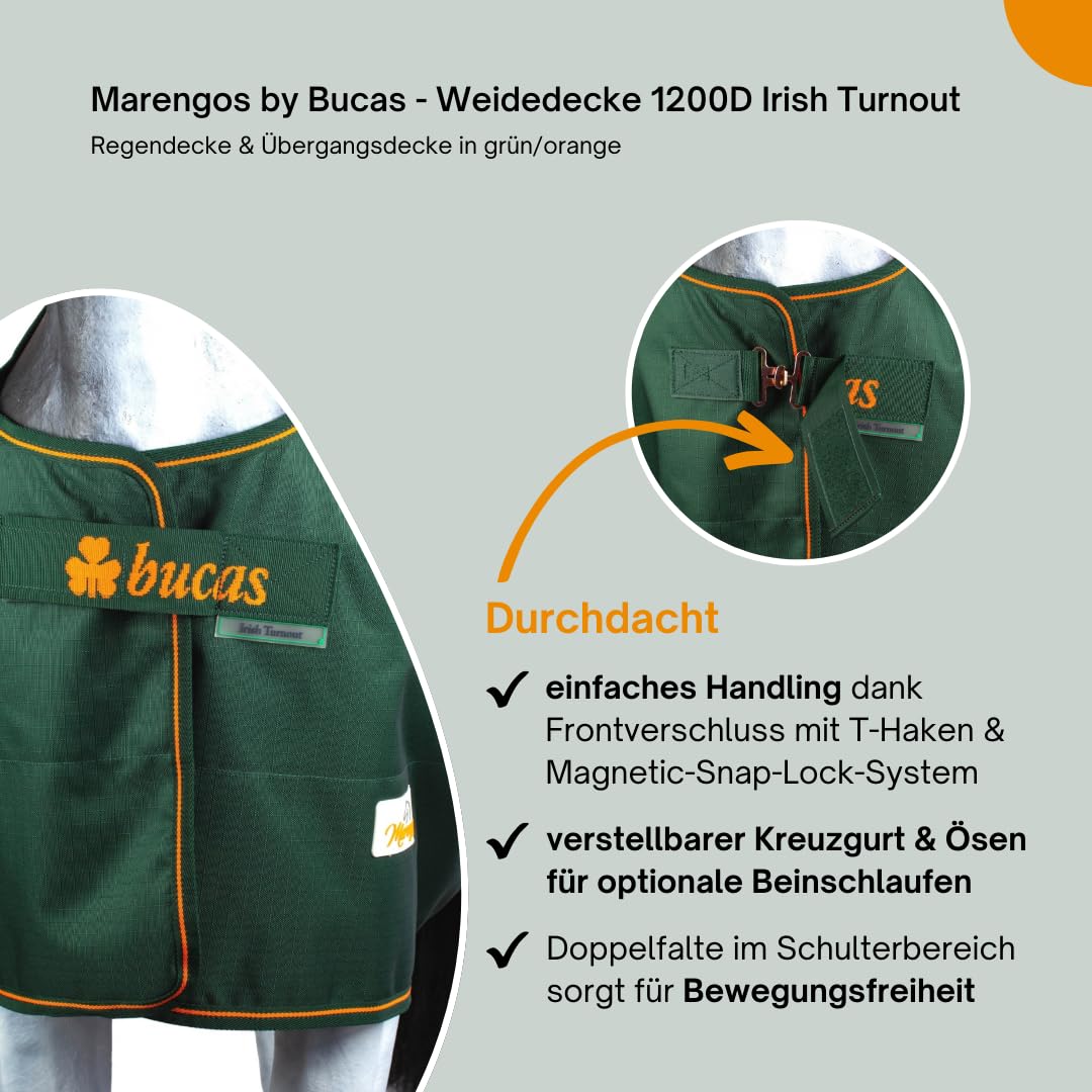 Marengos by Bucas - Weidedecke 1200D Irish Turnout | als Regendecke & Übergangsdecke | wasserdichte Outdoordecke mit Innenfutter & Kreuzbegurtung | Grün/Orange in Größe 165cm (ohne Füllung)