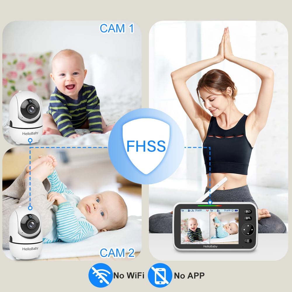 HelloBaby Monitor de Bebé con Cámara y Visión Nocturna, Pantalla de 5 Pulgadas con Batería de 30 Horas, Monitor de Video para Bebé Sin WiFi, Conversación Bidireccional, Temperatura, 8 Canciones