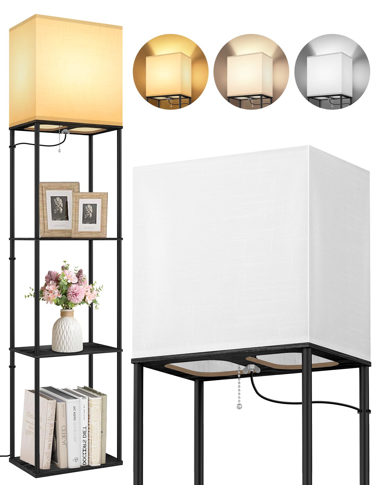 OUTON 3 Layers Floor Lamp with Shelves, Modern Standing Lamp with Wood Shelf, Tall Bookshelf with 3 Color Temperatures, Dimmable LED Reading Lamp for Living Room, Bedroom, Office, Black & Rectangle