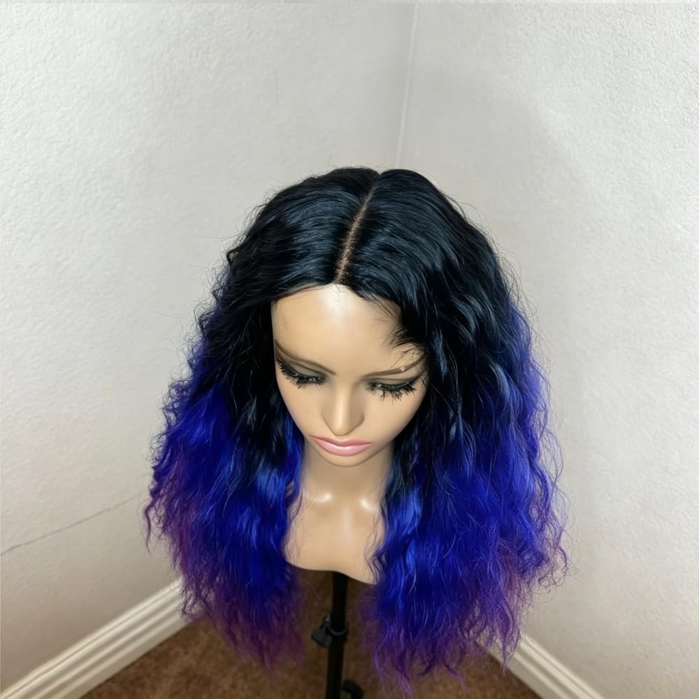 Haarpflege Blau Lila Perücke Ombré Schwarz 26 Zoll Lang Mittelteil Hitze