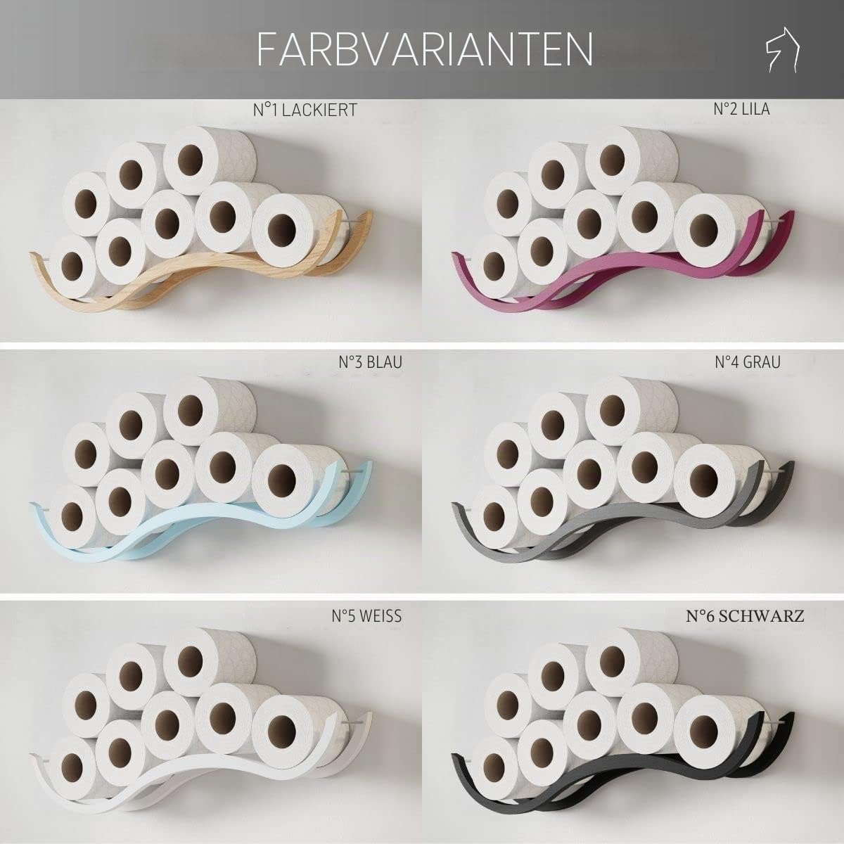 Toilettenpapier aufbewahrung Wand, Badregal aus Holz, Wellenformdesign, Ersatz-Toilettenpapierhalter (Schwarz)