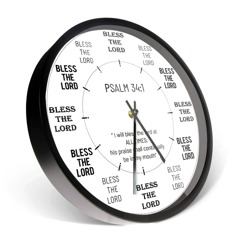 Reloj de pared de metal Salmo 34:2 de 30.5 cm, con versículo bíblico, cita de meditación, cuarzo silencioso, sin tictac, funciona con pilas, para regalos cristianos, dormitorio, sala de