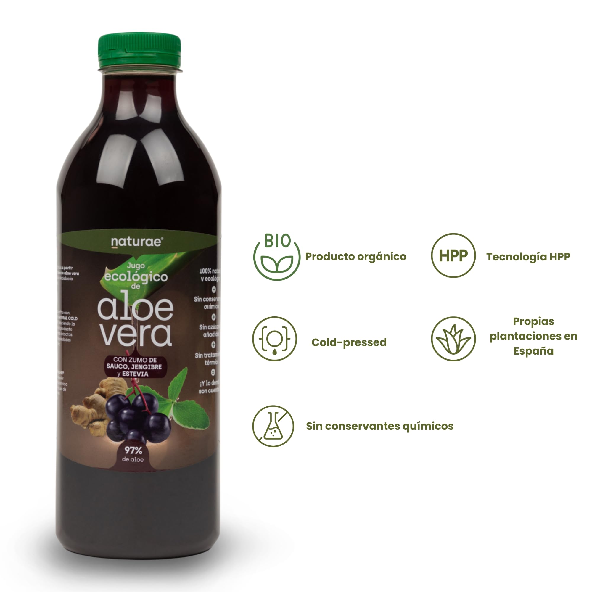 NATURAE Jugo Aloe Vera con saúco y jengibre - 3 Recipientes de 1000 ml - Total: 3000 ml