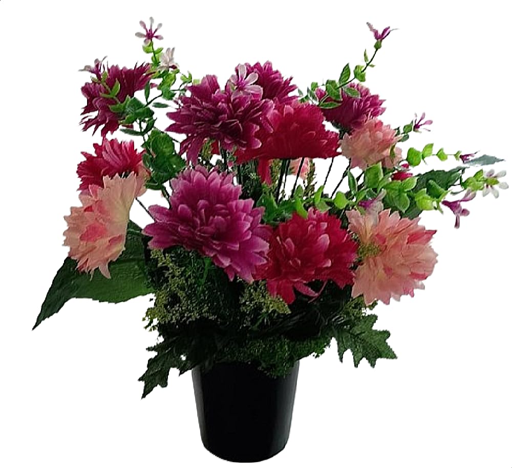 Memorial Grave Crem Pot Artificial Arrangement Pink Wine Cerise Chrysanthemum with Moss for Graveside Cemetery Crematorium Gift for Birthday Mother's Day