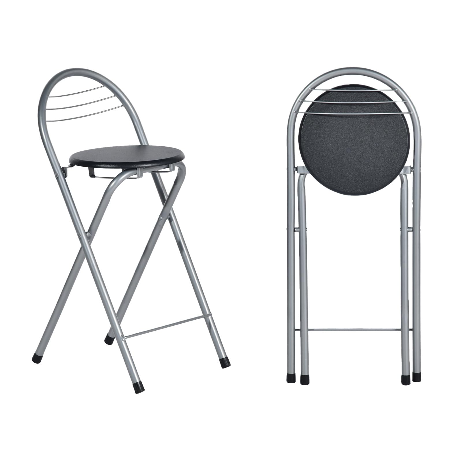 Sgabello da Bar Pieghevole Set di 2, Sgabello Pieghevole Portatile Sedia da Bar Pieghevole con Schienale per Bistro Cucina Terrazza Esterna, Altezza seduta 61 cm, Nero e Argento