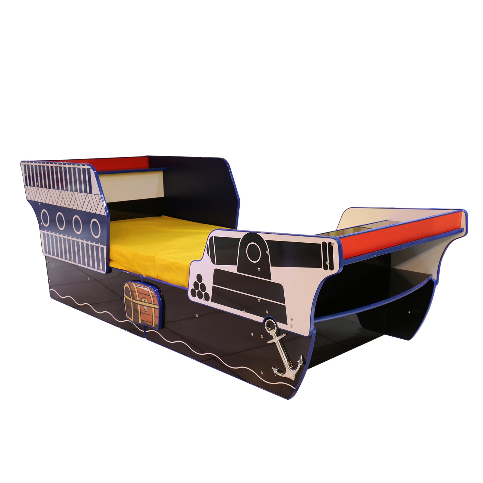 Twin Size Bed for Kids, Pirate Ship Shaped Wooden Platform Bed Frame with Shelves Storage and Support Slats for Boys Toddlers Child's Bedroom