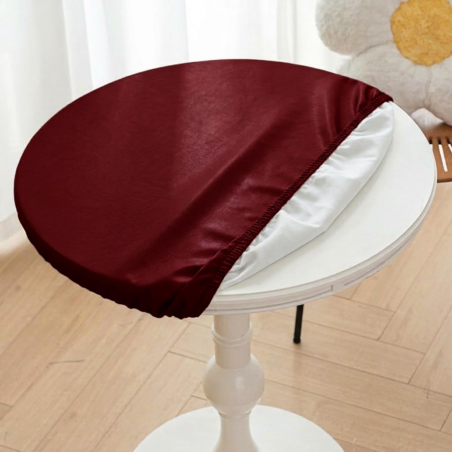 Round Fitted Tablecloth PU Leather Waterproof Elasticated Edge Wipeable Circular Table Cover for Indoor Outdoor Patio BBQ Dining Table Protector(Burgundy,70cm)