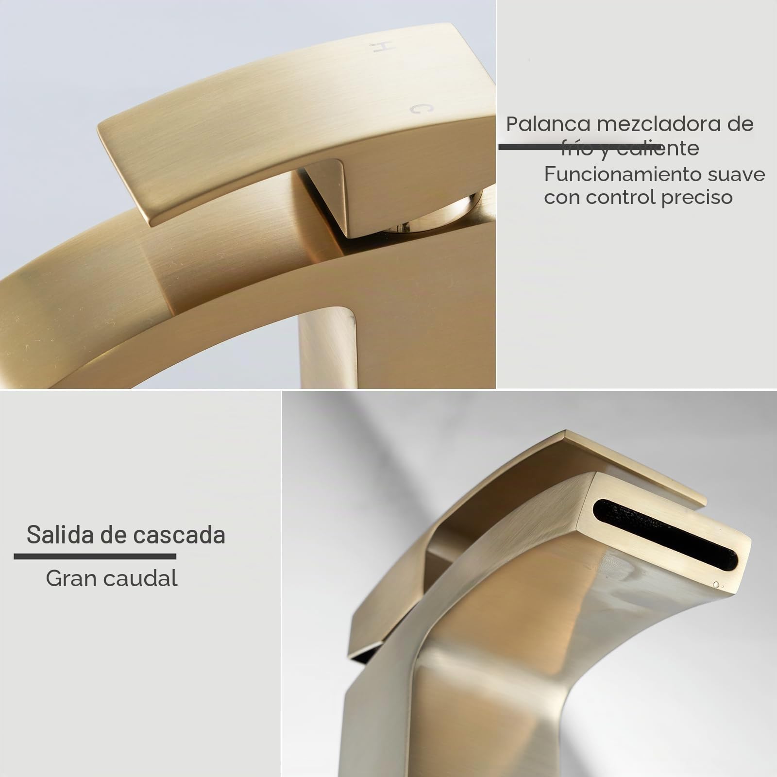 Grifos de lavabo de baño con desagüe, grifos cuadrados para lavabo con desagüe, grifos de baño monobloque de latón con tapón de fregadero 322NP (dorado, mediano)