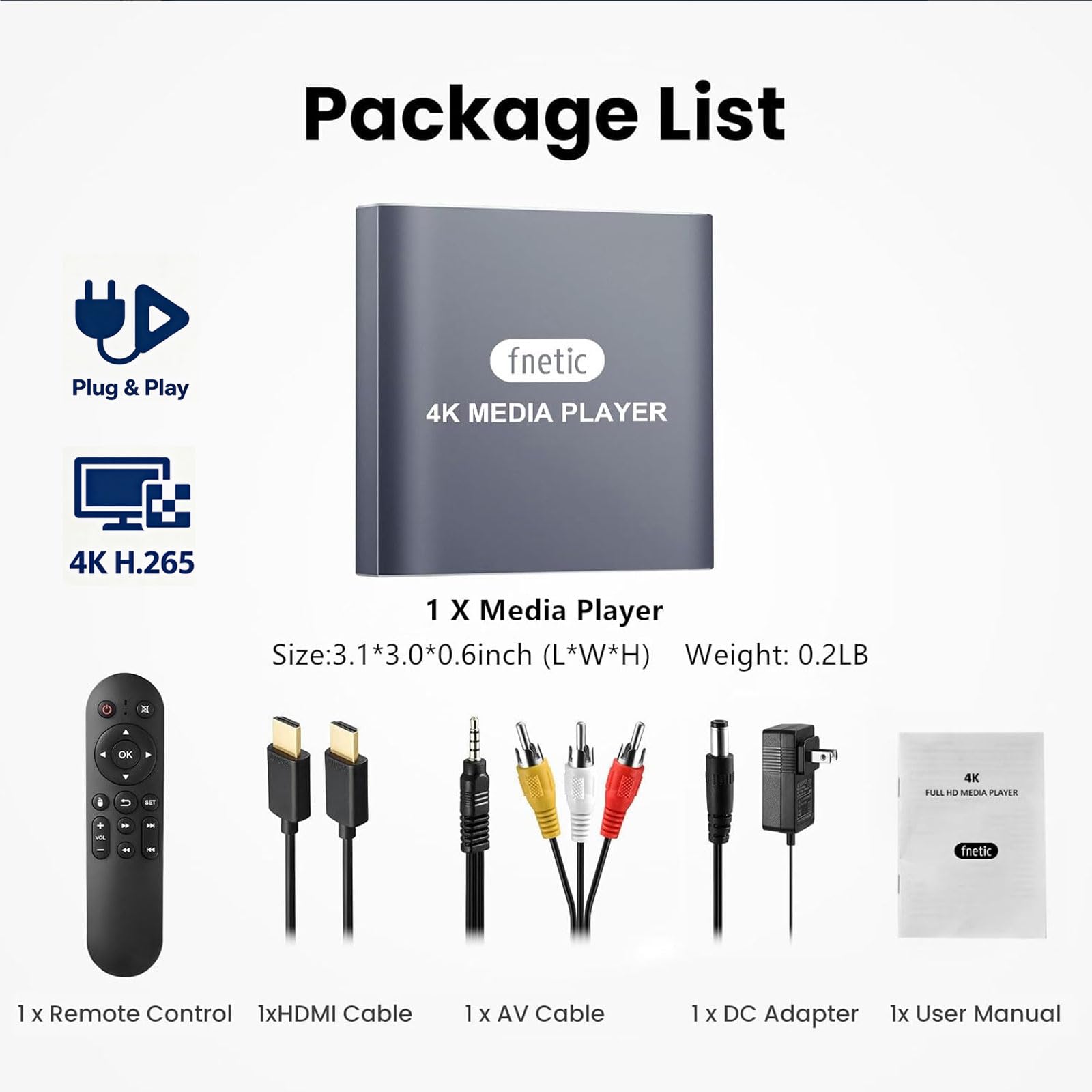 Lettore multimediale digitale HD 4K, lettore video MP4 TV per unità USB/scheda Micro SD, segnaletica digitale, riproduzione automatica, H.265/HEVC, uscita ottica/HDMI/AV, grigio